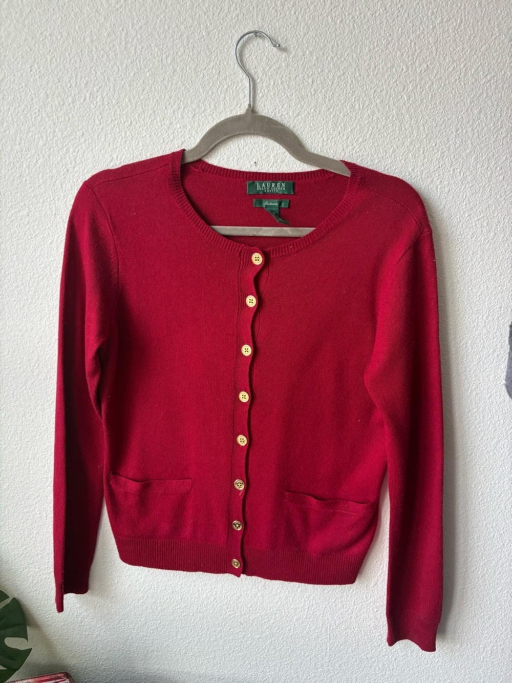 Ralph Lauren Red Women's Button-Front Cardigan with Gold Buttons